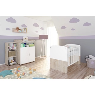 nonjoo. Babyzimmer Lani Set 2: best. aus Babybett, Kommode, Wickelaufsatz, Wandboard und Regal mit 3 Fächern