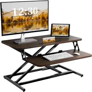 ERGOMAKER Stehpult Höhenverstellbarer Schreibtischaufsatz, Sitz Steh Computertisch 80 X 40CM mit Zwei Monitoren Tastaturablage Schwarzwalnuss