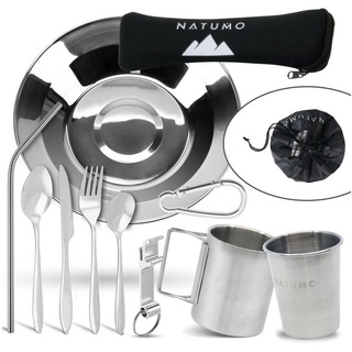 NATUMO NATUMO® – Outdoor Camping Besteck & Geschirr Set, Outdoor Geschirr Edelstahl, 10-teiliges Trekking + Camping Besteckset 1 Person, rostfrei