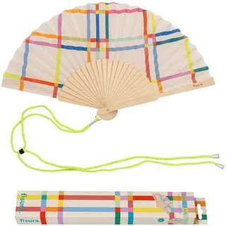 Fisura – Handfächer mit geometrischem Muster. Modernes Multicolor-Design aus Holz, leicht und robust, mit Trageschlaufe, kreative Geschenkidee für Sommer, Festival und Urlaub, 42,5 x 23 cm