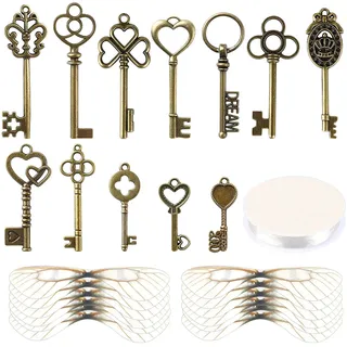 SANNIX 48 Stück Vintage Skelett Schlüssel Fliegende Schlüssel Charms mit 50 Paar Libellenflügel und 30m Elastische Kristallschnur für DIY Schmuckherstellung Hochzeit Party Gastgeschenke Raumdekoration