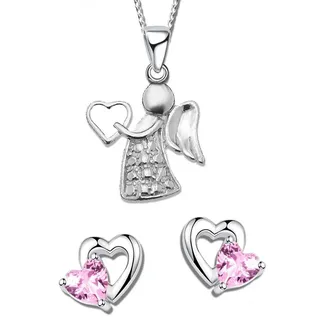 Limana Schmuckset Kinder Mädchen Set 925 Silber Schutz-Engel Herz Kette mit Ohrringe, Engelkette Halskette mit Ohrstecker Echtschmuck Kinderschmuck Geschenk rosa|silberfarben