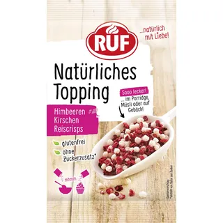 RUF Natürliches Topping mit Himbeeren, Kirschen, Reiscrisps, ohne künstliche Zusatzstoffe, Fruchtmix für Porridge und Gebäck, glutenfrei, vegan, 15g