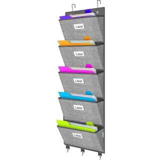 VERONLY Hängeorganizer Büro ordner für Wand mit 5 Großen Taschen, Hängeaufbewahrung Wandorganizer Groß Magazinboard Zeitungshalter für das Büro, Zuhause, Schule Grau