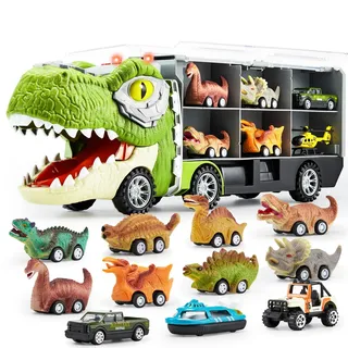 JOYIN 13 Stück Dinosaurier Spielzeug-Set - Autotransporter Mit 12 Zurückziehbaren Dino-Fahrzeugen, Transportwagen Mit Musik, Sound, Lichtern Und Hubschrauber - Für Kinder