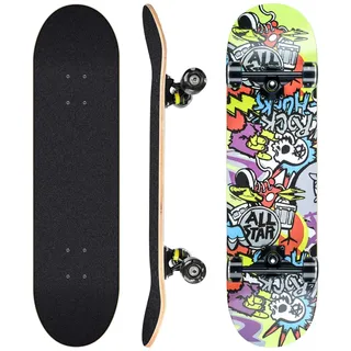 Complete Skateboard, 78.7 x 20.3 cm Board, with ABEC-11 Bearings, 8 Layers of Maple, with Polyurethane (PU) Flashing Wheels, Suitable for Children, Teenagers and Adults (white-123)