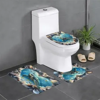 U-Förmiger Teppich Meeresschildkröte Tropische Fische Muscheln Korallenriff Blau Meereslebewesen 3D Herz Strand Küste Badezimmer Vorleger 3-Teiliges Wc Vorleger Set 3 Teilig Badezimmer-Garnitur