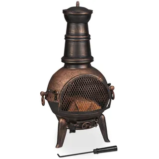 Relaxdays Terrassenofen, Aztekenofen mit Schürhaken, Gusseisen, Funkenschutz, für Garten, HxBxT: 86x46x38 cm, bronze