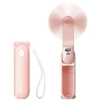 JISULIFE Mini Handventilator, 3-in-1 Handventilator, wiederaufladbarer USB [12–19 Betriebsstunden] mit Powerbank, Taschenlampe, tragbarer Ventilator für Reisen/Sommer, Geschenke für Frauen-Rosa