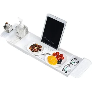 Badewannenablage Ausziehbar, Badewannenbrett für Badewanne, Badewannentablett Kunststoff Badewannen-Organizer und Halter für Kerze, Wein, Tasse, Seife, Buch und Telefon Tablet-Halter für Spa, Bad