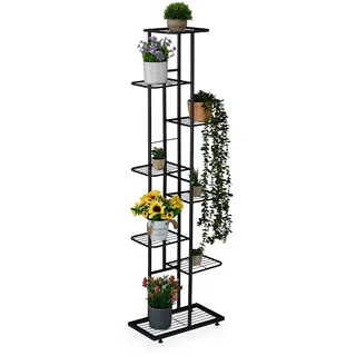 Relaxdays Blumenregal, 8 Ablagen für bis zu 9 Blumen- & Pflanzentöpfe, Metall, Pflanzentreppe, 142x45x22 cm, schwarz