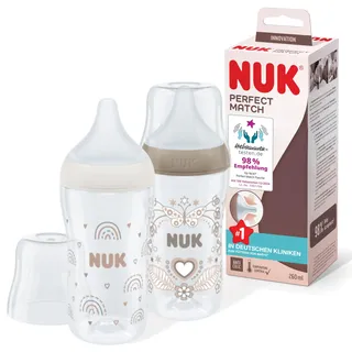 NUK Perfect Match Babyflaschenset | Ab 3 Monate | Passt sich dem Baby an | Temperature Control | Anti-Colic | 260 ml | BPA-frei | Silikontrinksauger, Medium | Regenbogen und Herz | 2 Stück