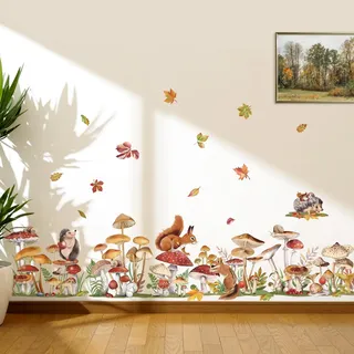 decalmile Wandtattoo Waldtiere Eichhörnchen Wandaufkleber Pilze Blätter Herbst Wandsticker Kinderzimmer Babyzimmer Schlafzimmer Wanddeko