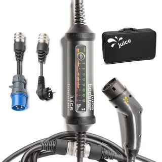 Juice Booster 2 Basic Set, Mobile Wallbox 22kW Installationsfrei, Ladegerät für BEV mit Typ 2 Ladekabel E Auto, Superleicht & Flexibel, IP67 Wasserdicht, Inkl. Adapter CEE32 Blau 1-Phasig + EU Schuko