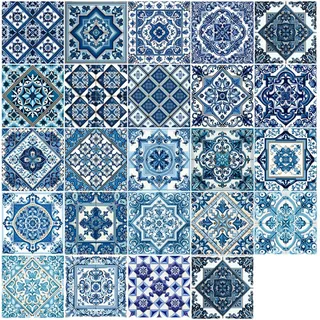 Duroecsain Fliesenaufkleber zum Abziehen und Aufkleben, portugiesische Fliesenaufkleber - 24 Stück Fliesenaufkleber im antiken portugiesischen Design, selbstklebend - Einfach anzubringender