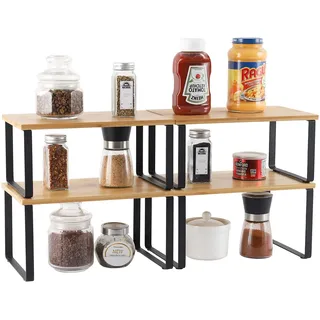 Nandae Küchenschrank Organizer 4er-Set aus Bambus und Metall, Erweiterbar & Stapelbar Küchenregal, Organizer Küche, Kleines Regal Schrank Organizer in Weiß & Natur