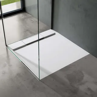 doporro Duschtasse Duschwanne 100x100x4 flach Mineralguss in Weiß DIN-Anschlüsse für bodengleiche Montage geeignet Geoma04 -