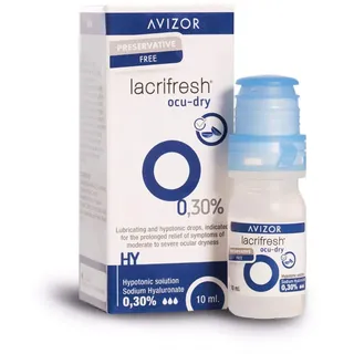 Avizor Lacrifresh Ocu-Dry 0,30%. Flasche mit 10 ml Augentropfen zur Linderung von Symptomen von Augenreizungen.