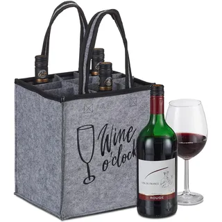 Relaxdays 2 x Flaschentasche, Flaschenträger mit Spruch, HBT 45 x 24 x 24 cm, Filztasche Wein, Bier & Sekt, grau