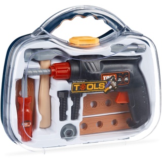 Relaxdays 10024275 Werkzeugkoffer für Kinder, 11-teilig mit Bohrmaschine (Drehfunktion), Handwerker Spielen, mit Hammer UVM, transparent, H x W x D: app. 26 x 29.5 x 8.5 cm