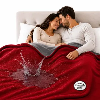 TOP 100% Waterproof Blanket Red/Grey Jumbo 80x60 for Adults and Pets. Keep Everything Dry No Matter How Wet It Gets! Ultra-Soft, Noiseless, Leakproof. Bed, Mattress, Furniture Protector. EZ Wash/Dry