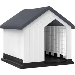 PawHut Hundehütte Outdoor Hundehaus mit Asphaltdach, Fenster, Wetterfest Kleintierhaus, Hundehöhle für Mini und kleine Hunde Grau 62 x 61 x 60 cm