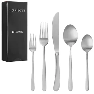 Navaris Besteck-Set Besteck Edelstahl 18/0 - Löffel Messer und Gabel Set - Cutlery Set (40-tlg), Edelstahl, Edelstahl Besteck Set 8 Pertsonen - 40-teiliges Besteckset matt silberfarben