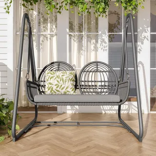 Moimhear Gartenschaukel, Hollywoodschaukel mit Rückenlehne, Gartenmöbel-Set für den Außenbereich,Doppelschaukel aus PE-Rattan, 2 Sitze (Dunkelgrauer Sitzrahmen und Kissen)