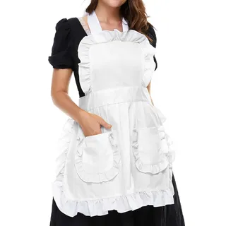 LilMents Damen Rüsche Outline Retro Schürze Küche Kuchen Backen Kochen Cleaning Maid Kostüm Mit Taschen weiß