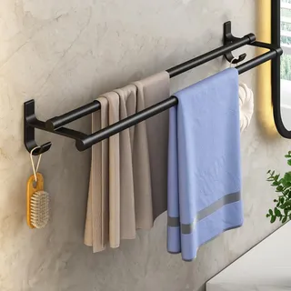 Doppelt Handtuchhalter Ohne Bohren,Selbstklebend Wandmontage Bad Handtuchhalter,Gästehandtuchhalte Aluminium Handtuchstange,Badetuchhalter,Handtuchregal Für Bad Küche,Schwarz,60cm