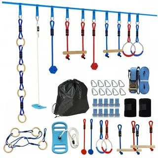 aiyaplay Ninja Line Kinder 10m 9-teilig Slackline Set mit 2 Turnringe, 3-in-1 Schaukel, 2 Kletterstange, Baumschutz, 2 Greifbällen, Tasche Outdoor Spielset Ausrüstung für 3-8 Jahre Kinder Mehrfarbig