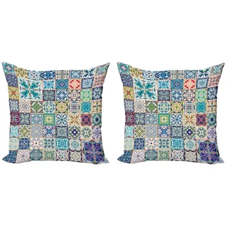 ABAKUHAUS marokkanisch Kissenbezug Set (2Stück), Flora, doppelseitiges Digitaldruckdekor mit Reißverschluss, 60 cm, Türkis Beige