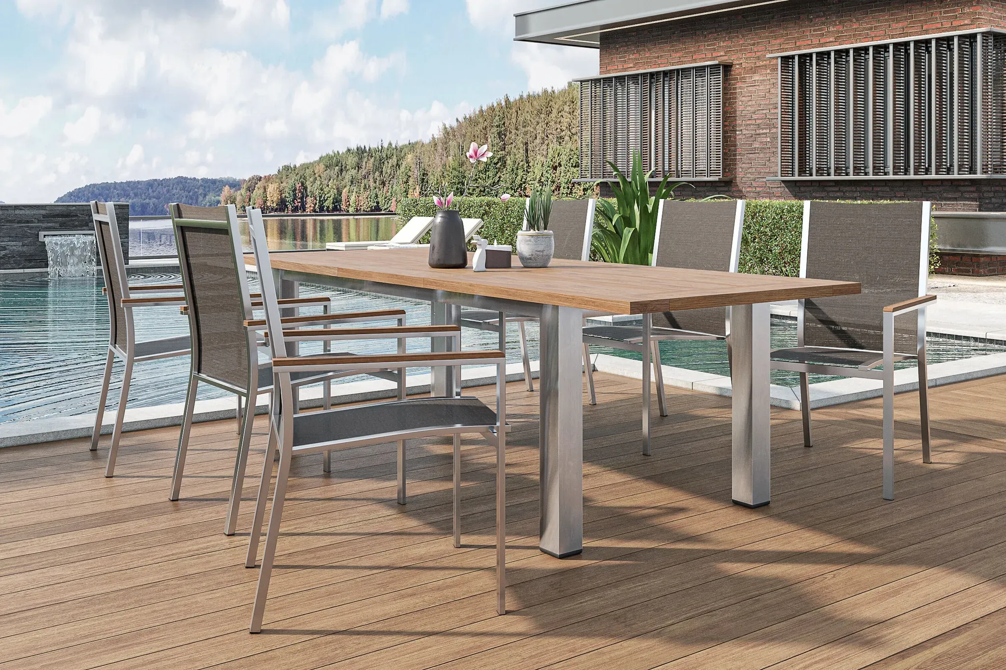 STERN Cardiff Garten-Essgruppe, silber/taupe, Edelstahl/recyceltes Teak, Tisch 200/260 x 100 cm, 6 Stapelsessel, FSC®-zertifiziertes Produkt