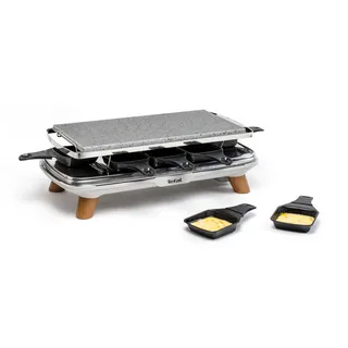 Tefal Pierrade Gourmet Raclette, Steinrake, 2-in-1, für den Innenbereich, 1350 W, Naturstein, 8 Maxi-Tiefschalen, leicht zu reinigen, Grau, Füße in Holzoptik PR620D12