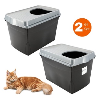 GarPet 2X Hop In Katzenklo Oben einstieg Katzentoilette geschlossen Top Entry Jump-In XXL Haubentoilette Groß Katzen Klo schwarz Doppelpack