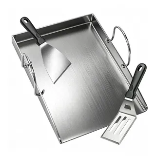 Edelstahl Plancha Grillplatte Rostfreiem mit Grillspachtel Set Passend für Gasgrills & Holzkohlegrill - 40 x 30cm - 4mm Dickem - BBQ grill plancha mit Abnehmbar Griffen für rösle allflame hero 4