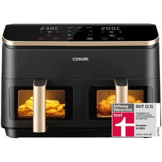 COSORI Heißluftfritteuse 2 Kammern, Airfryer Testsieger der Stiftung Warentest, 6-in-1 Dual Zone Air fryer 8,5 L, Heissluftfritteuse Doppelkammer mit Sichtfenster, energiesparend, Gold