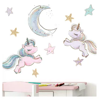 Little Deco Wandtattoo Kinderzimmer Einhorn Sterne Mond Lila I 2 A4 Bögen I Baby Wandsticker 2 Einhörner Wandaufkleber Babyzimmer Mädchenzimmer DL214-10