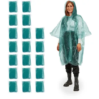 Relaxdays Regenponcho, 20er Set, Einweg Regencape mit Kapuze, Wandern, Festival, Notfallponcho für Damen & Herren, grün