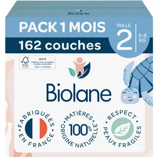 BIOLANE - Windeln Größe 2 – (3 – 6 kg) – für empfindliche Haut – Ultra-saugfähig, kein Auslaufen, 12 Stunden trocken – 1 Monat 162 Windeln