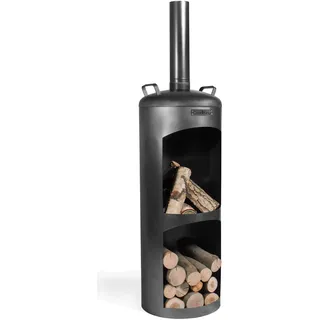 MR. DEKO Gartenofen Massachusetts rund 158 cm | Outdoor Terrassenofen mit Brennkammer und Holzlager | Gartenkamin aus Stahl schwarz | Kaminofen modern | Lagerfeuer Garten