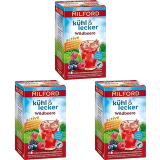 Milford kühl & lecker active Wildbeere | Ohne Kalorien | Ohne Zucker | Laktosefrei | Glutenfrei | Vegan | 20 Teebeutel |50 g (Packung mit 3)