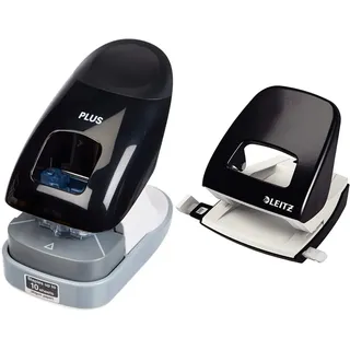 Klammerloser Hefter Schreibtischmodell in Schwarz, Heftleistung 10 Blatt & Leitz Büro Locher aus Metall, Für 30 Blatt, Anschlagschiene mit Formatangaben, Ergonomisches Design, schwarz, 50080095
