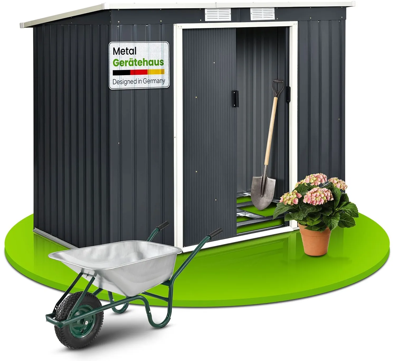 Juskys Metall Gerätehaus M 4m³ mit Pultdach, Schiebetür & Fundament