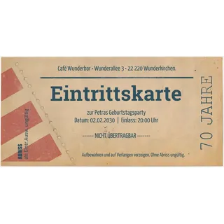 70. Geburtstag Einladungen Rot online gestalten und bestellen - Retro Eintrittskarte | Wunderkarten.de