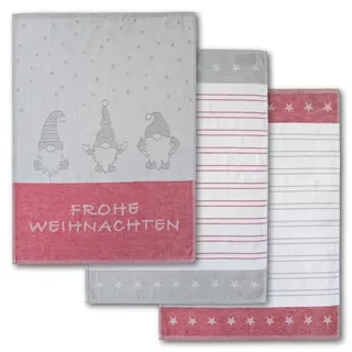 Geschirrtuch DYCKHOFF "Wichtel, mit Schriftzug Frohe Weihnachten, Streifen und Sternen", rot (rot, grau, weiß), B:50cm L:70cm, 100% Baumwolle, Geschirrtücher, Geschirrtuch, mit 3 verschiedenen Motiven, Maße je Tuch ca. 50x70 cm, 100% Baumwolle