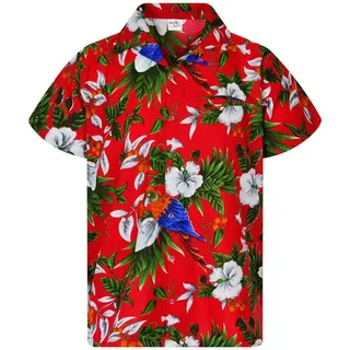 King Kameha Hawaiihemd "Cherry Parrot" Funky Hawaiihemd Herren Kurzarm Fronttasche Sommerhemd rot XL