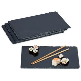 Relaxdays Schieferplatte, 4er Set, rechteckige Servierplatte, 26 x 16 cm, für Käse, Sushi, Desserts, Buffet, anthrazit