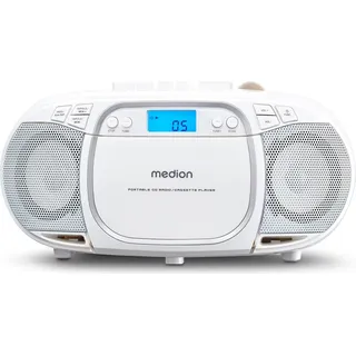 Medion E66476 Stereo Sound System (Boombox, CD-Player, MP3, Kassette, tragbarer Kassettenspieler für Kinder, UKW Radio, AUX, Kopfhörer, Netz & Batterie) weiß