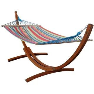 ALEOS. 320cm Hängemattengestell CALETA aus Holz Lärche mit gestreifter Stabhängematte